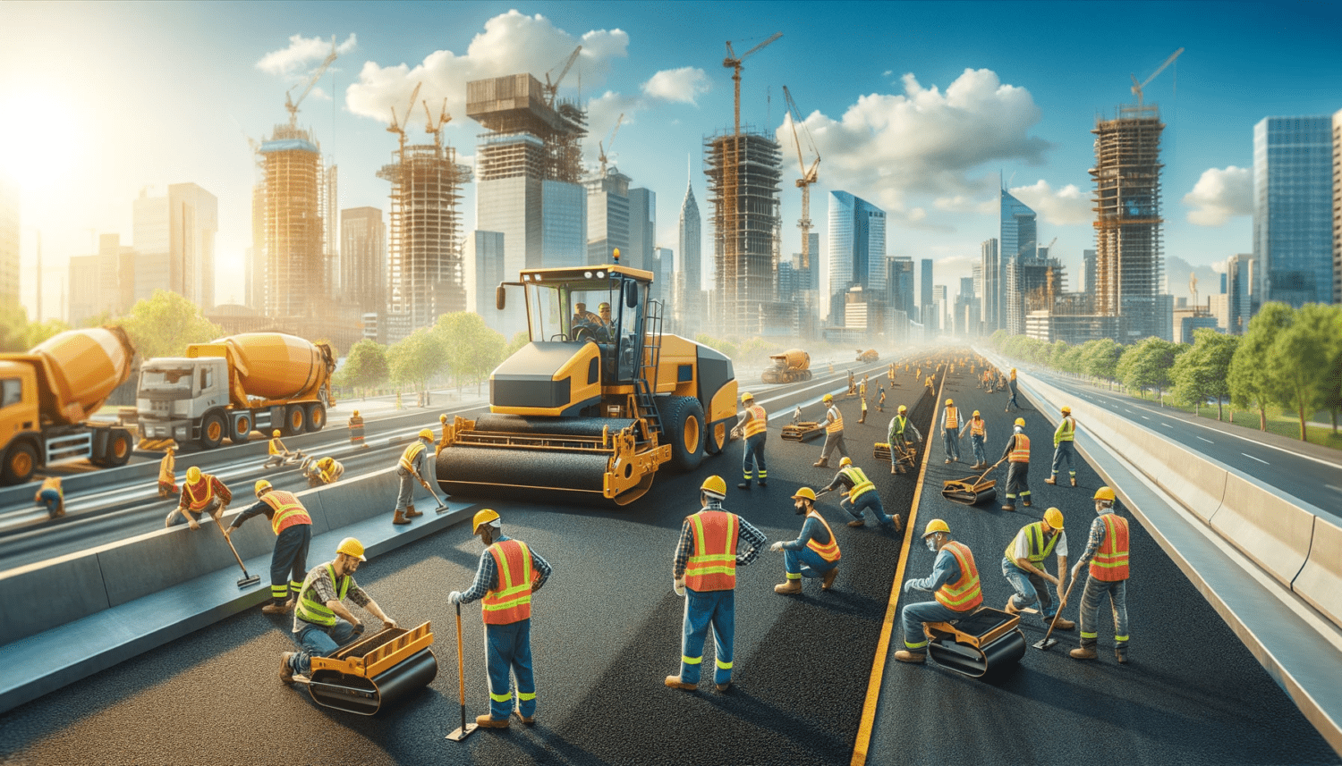 A kép egy aszfaltozás alatt álló útépítési munkaterületről készült, ahol munkások biztonsági felszerelésben dolgoznak az új úton. A képen láthatóak nehézgépek, mint aszfaltozó gép és hengerek, valamint a háttérben egy élénk városkép.