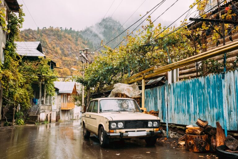 Borjomi, Samtskhe-Javakheti, Georgia. Russian Old Rusty Car Seda