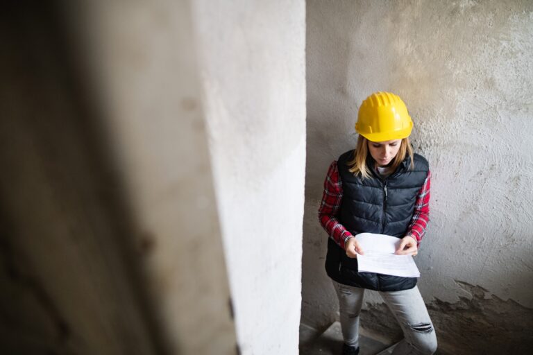 Young woman worker on the building site.