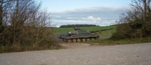 Military tank in a battlefield